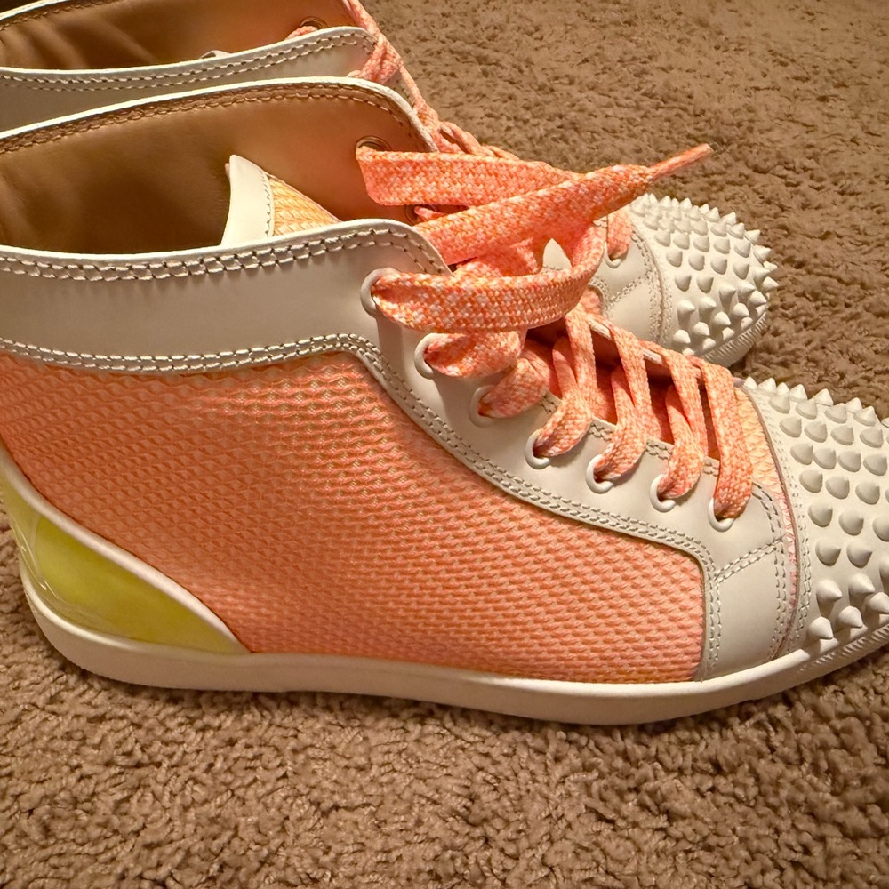 Christian Louboutin Coral and White Spiked Sneakers